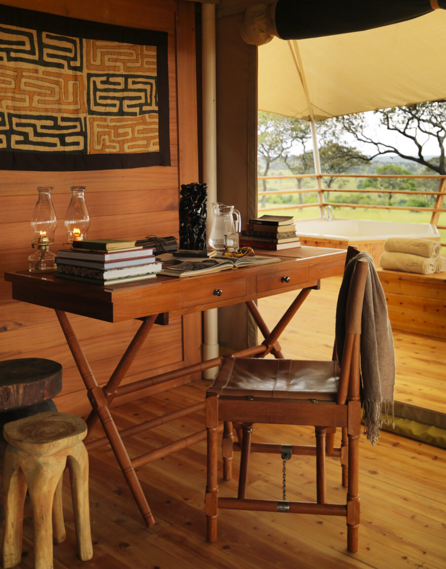 Wooden chair and desk with nature backdrop