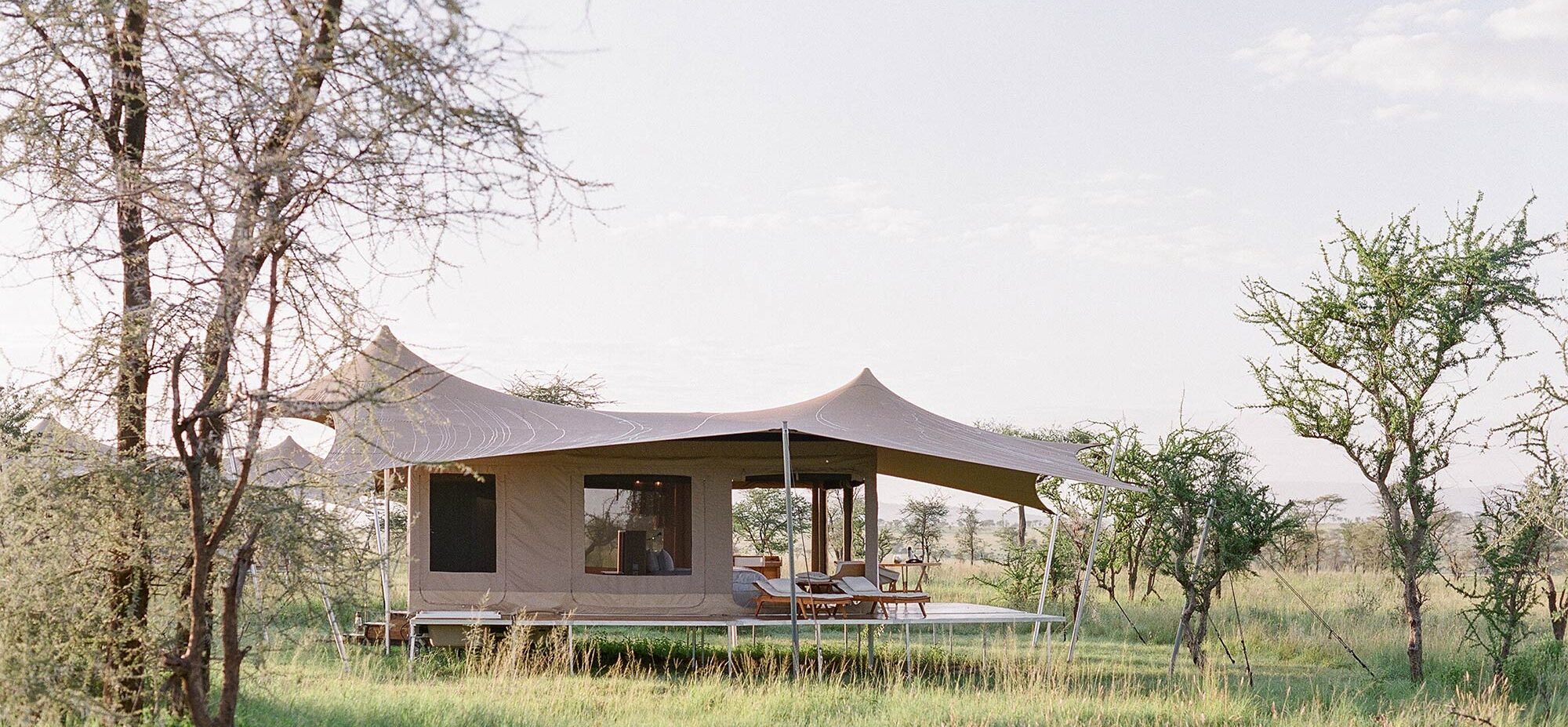 An exterior view of the the Roving Tent in the Serengeti