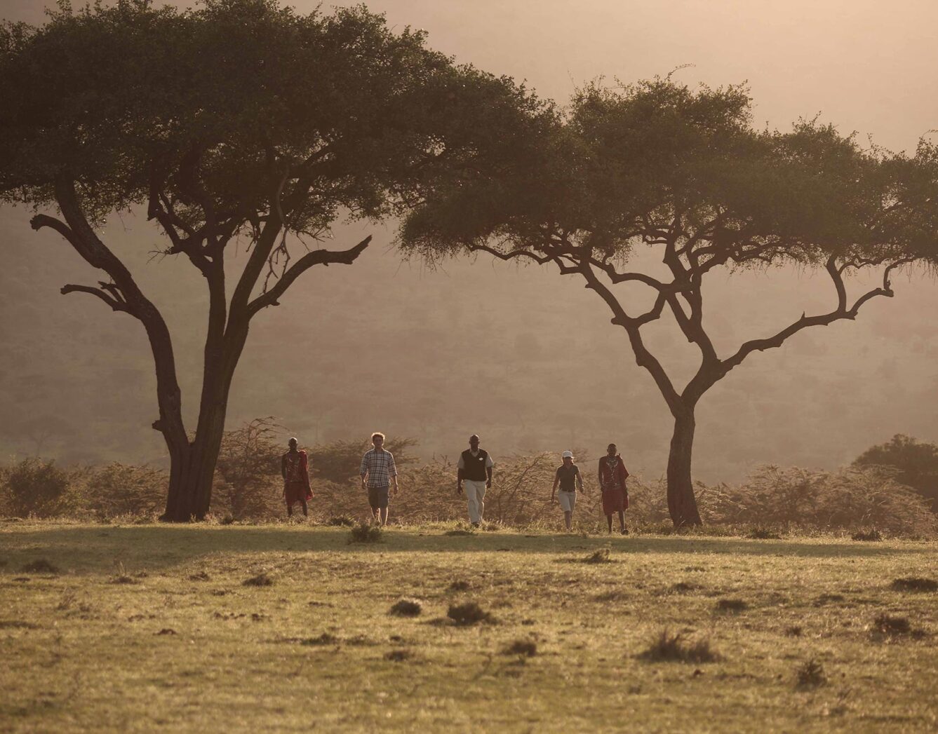A groups walks across the mara conservancy