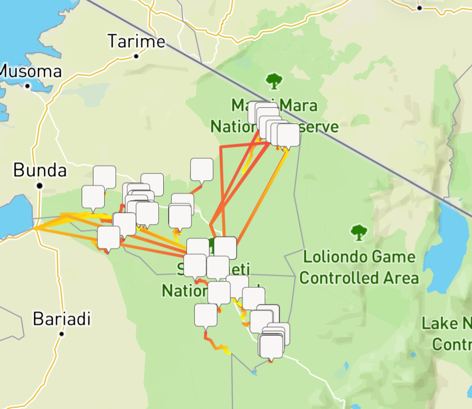 Map showing the route of the Great Migration across Africa