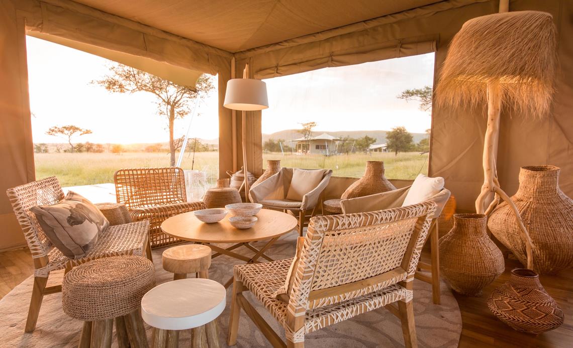 Safari camp tents overlooking the African landscape